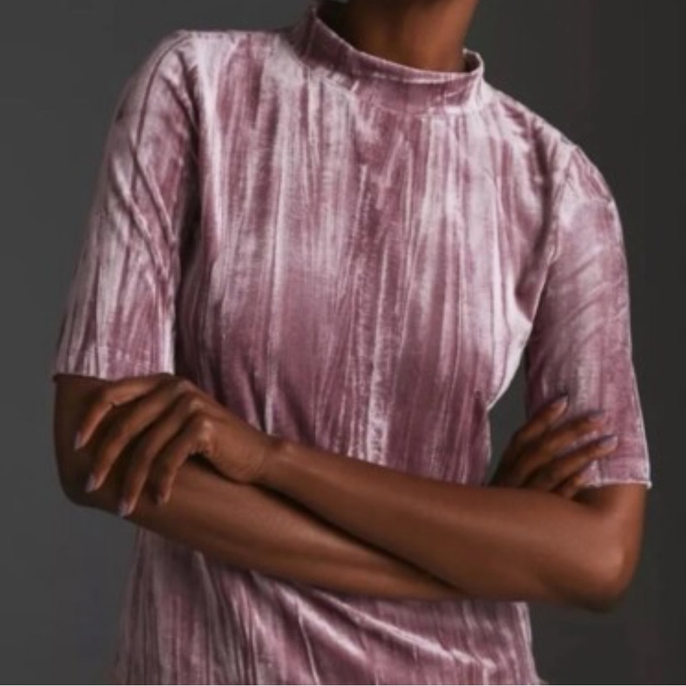 PILCRO ANTHROPOLOGIE Pink Mauve Crushed Velvet Mock Neck 1/2 Sleeve Sz Small